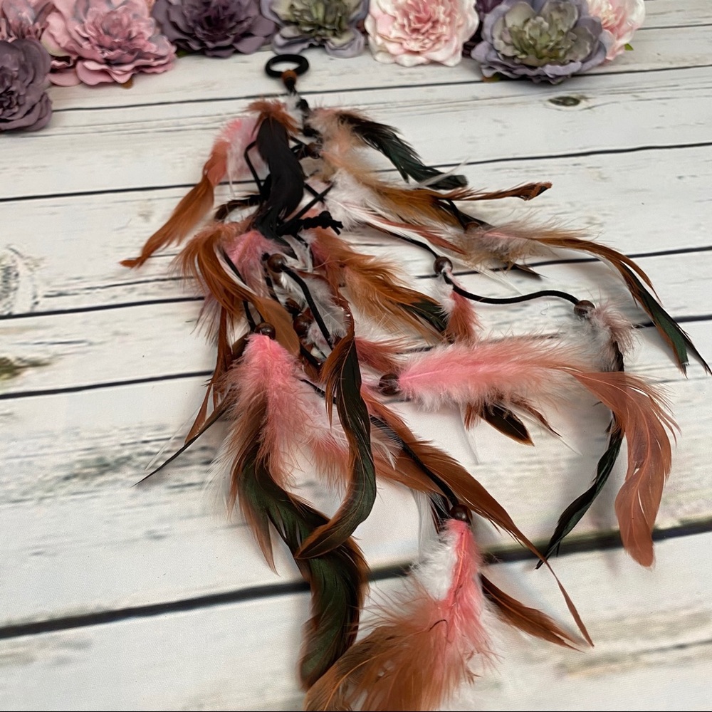 Boho Pink and White Long Feather Elastic Hair Tie - Picture 10 of 14
